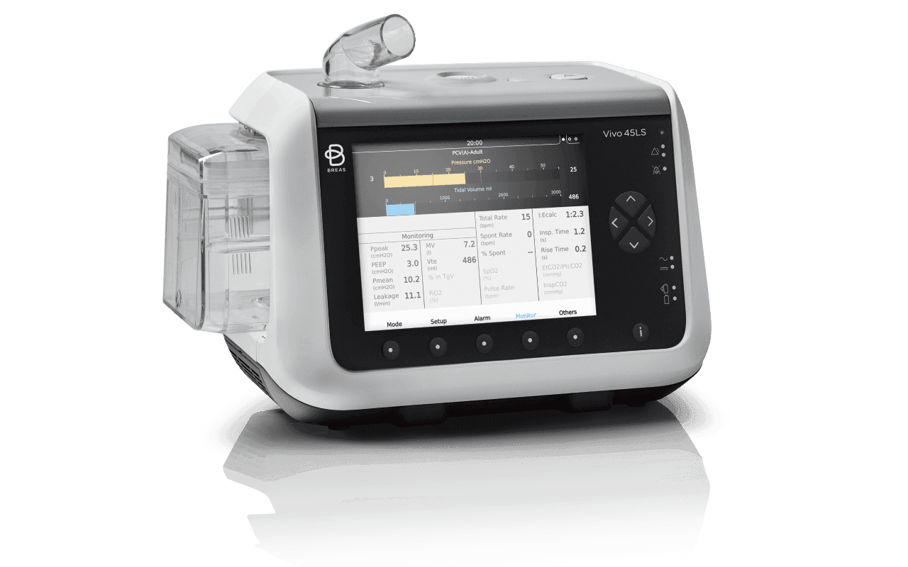 Breas Vivo 45 LS life support ventilator with digital display for respiratory care.
